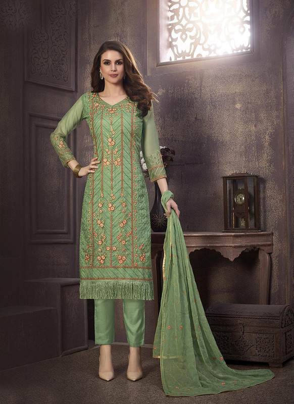 Dial N Fashion Sea Green Heavy Designer Embroidred Organzai Salwar Suit