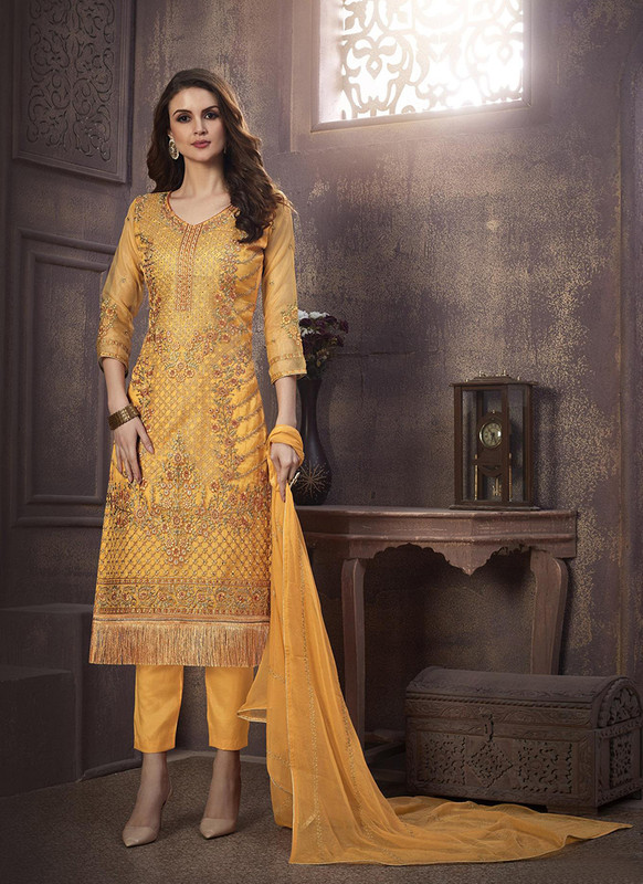 Dial N Fashion Yellow Heavy Designer Embroidred Organzai Salwar Suit