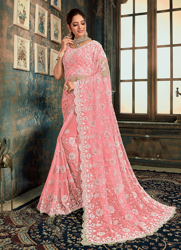 Dial N Fashion Pink Designer Fancy Party Wear Net Saree