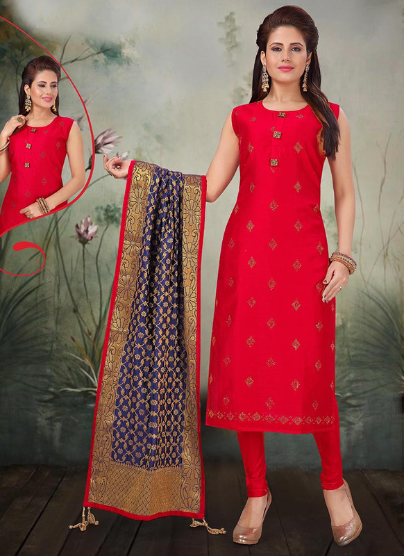 Dial N Fashion Red Latest Designer Party Wear Silk Salwar Suit