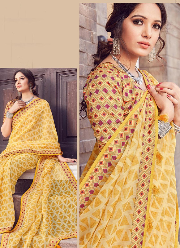 Dial N Fashion Yellow  Designer Printed Casual Wear Noor Silk Cotton Saree