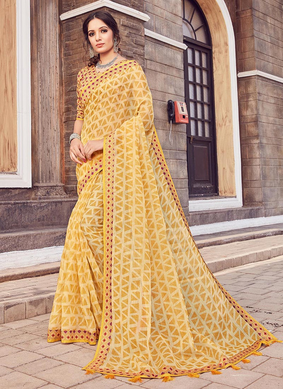 Dial N Fashion Yellow  Designer Printed Casual Wear Noor Silk Cotton Saree