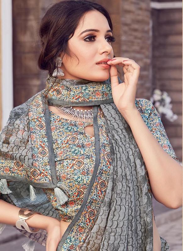 Dial N Fashion Grey  Designer Printed Casual Wear Noor Silk Cotton Saree