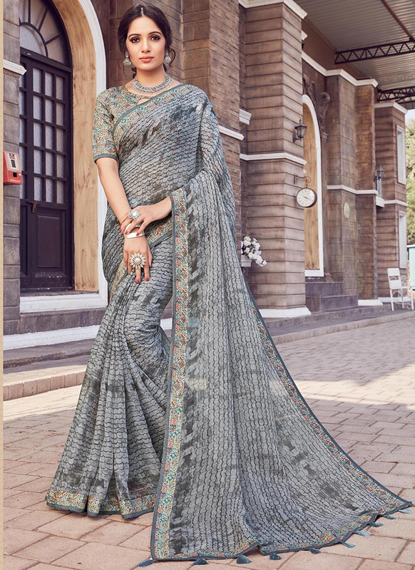 Dial N Fashion Grey  Designer Printed Casual Wear Noor Silk Cotton Saree