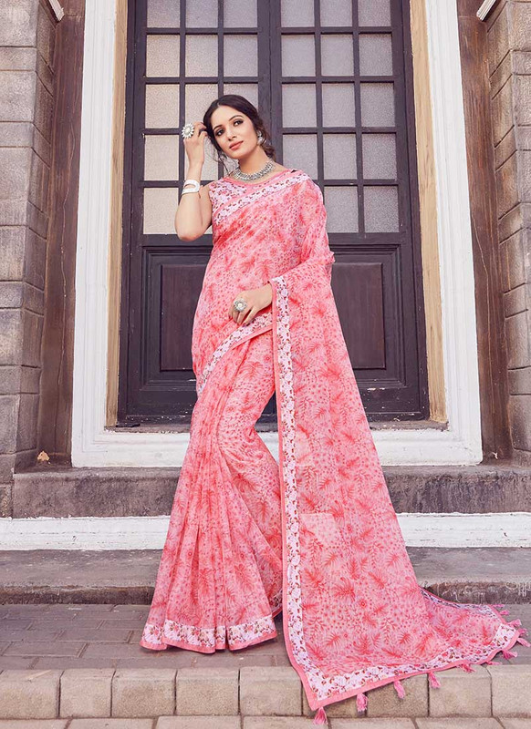 Dial N Fashion Pink  Designer Printed Casual Wear Noor Silk Cotton Saree