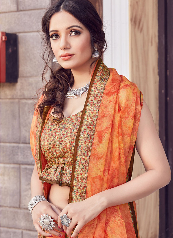 Dial N Fashion Orange  Designer Printed Casual Wear Noor Silk Cotton Saree