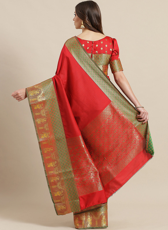 Dial N Fashion Red Designer Classic Wear Silk Blend Saree