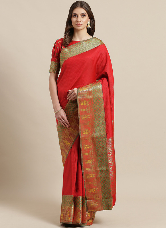 Dial N Fashion Red Designer Classic Wear Silk Blend Saree
