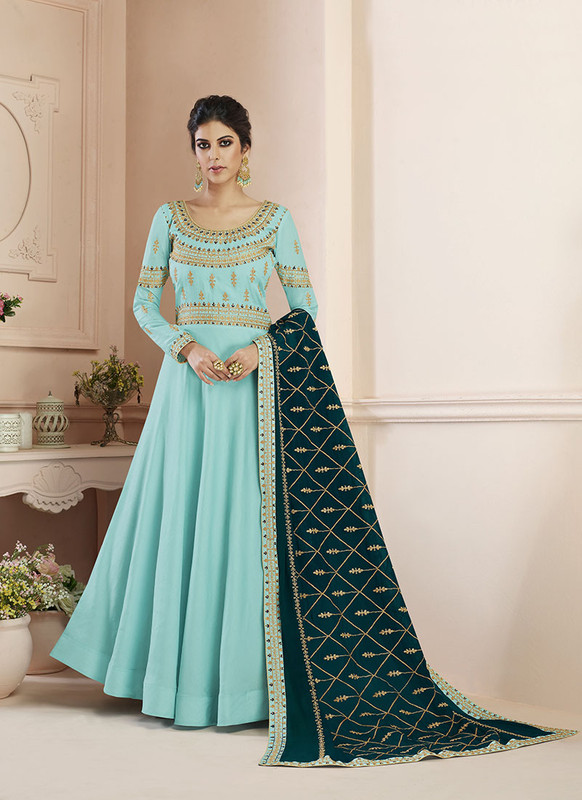 Dial N Fashion Blue  Embroidred Designer Tussar Silk Gown Suit