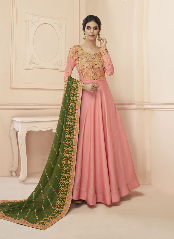 Dial N Fashion Peach  Embroidred Designer Tussar Silk Gown Suit