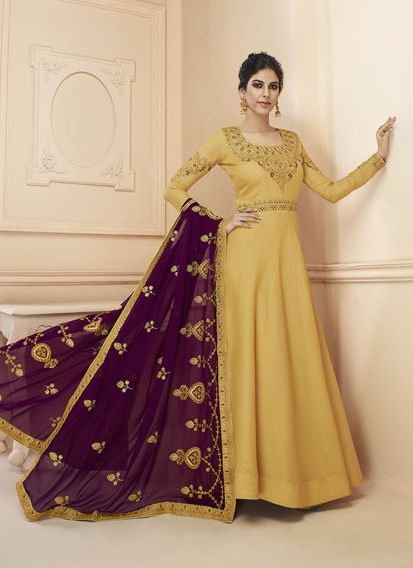 Dial N Fashion Yellow  Embroidred Designer Tussar Silk Gown Suit