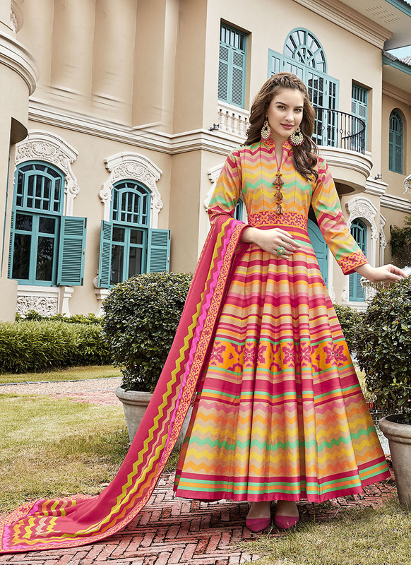 Dial N Fashion Multi  Designer Digital Patola Printed Work With Gown Suit