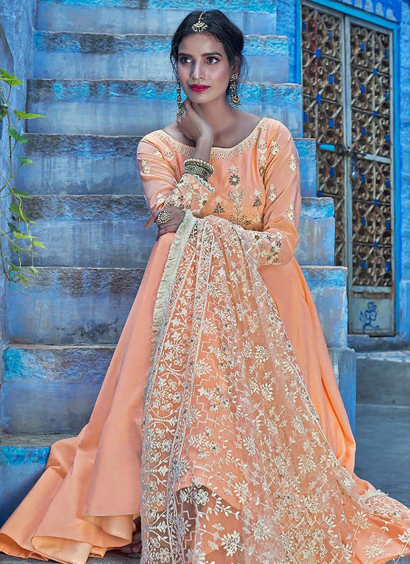 Dial N Fashion Orange  Designer Lakhnavi Worked Maslin Gown Suit