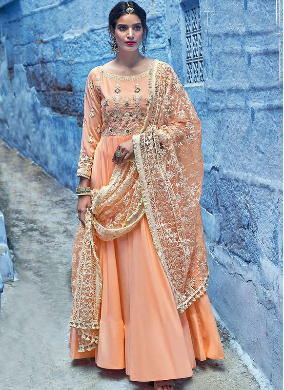 Dial N Fashion Orange  Designer Lakhnavi Worked Maslin Gown Suit