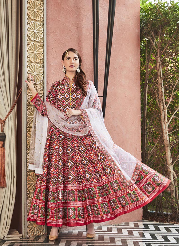 Dial N Fashion Multicolor  Designer Digital Patola Printed Work With Gown Suit