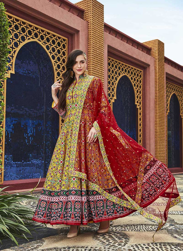 Dial N Fashion Yellow  Designer Digital Patola Printed Work With Gown Suit