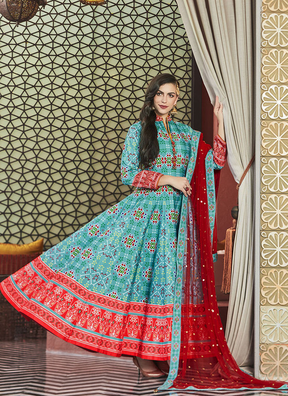 Dial N Fashion Blue  Designer Digital Patola Printed Work With Gown Suit