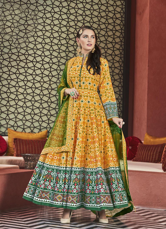Dial N Fashion Yellow  Designer Digital Patola Printed Work With Gown Suit