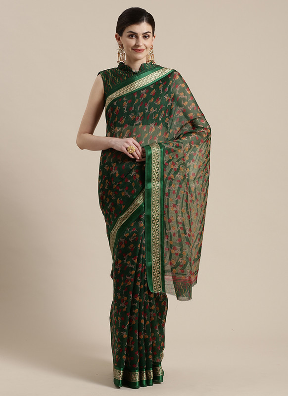 Dial N Fashion Green  Designer Cotton Silk Printed Saree