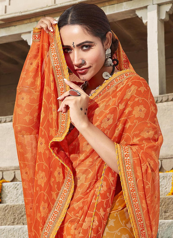 Dial N Fashion Orange  Zari Foil Work Printed Bandhani Concept Sarees Work