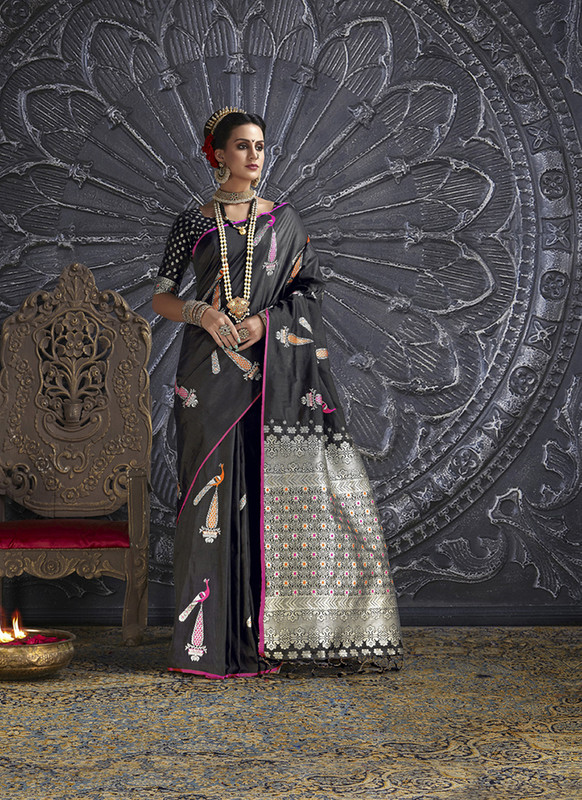 Rajtex Black Designer Silk Pary Wear Saree