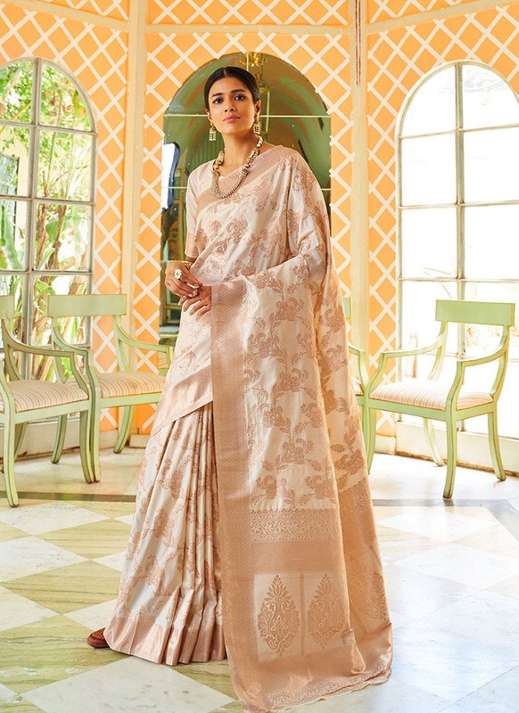 Rajtex Cream Designer Silk Pary Wear Saree