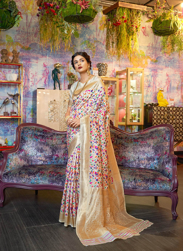 Rajtex White Designer Silk Pary Wear Saree