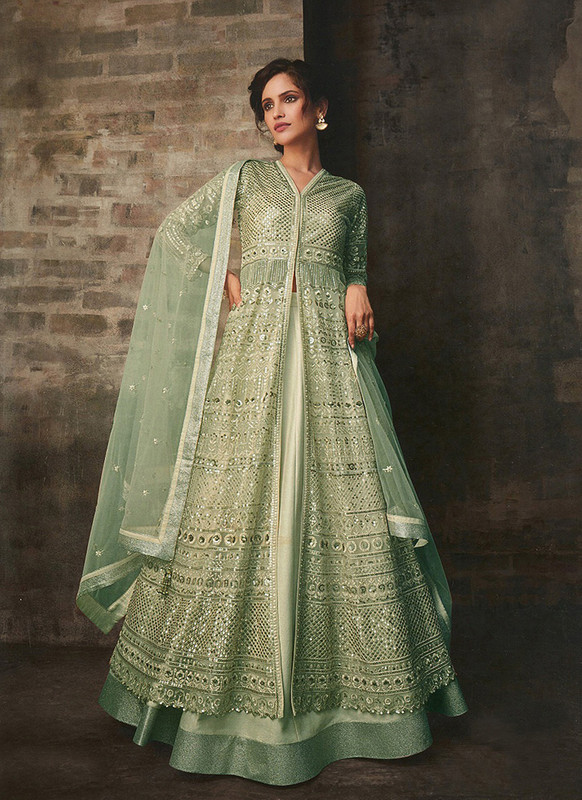 Dial N Fashion Green  Heavy Designer Bridal Wear Butterfly Net Suit