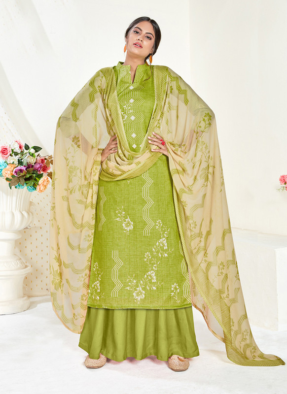 Dial N Fashion Green  Designer Printed Party Wear Pure Cambric Cotton Plazzo Suit