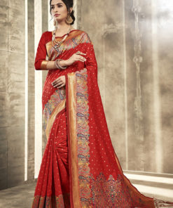 Dial N Fashion Red Designer Party Wear Jacquard Silk Saree