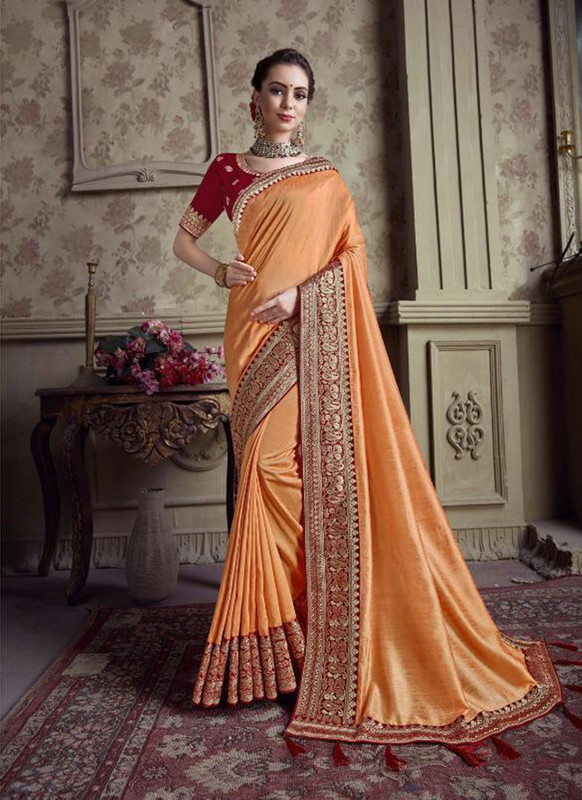 Dial N Fashion Orange  Designer Party Wear Satin Silk Saree