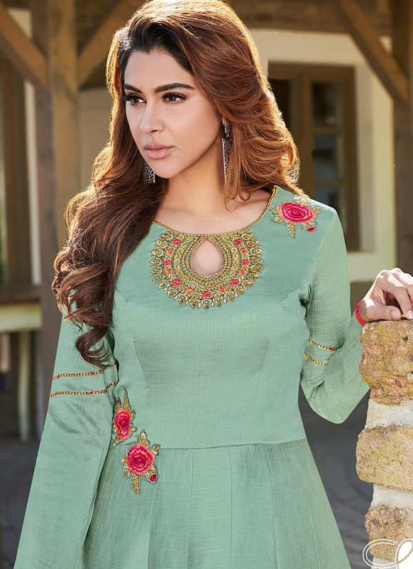 Dial N Fashion Sea Green  Designer Party Wear Heavy Embroidred Gown