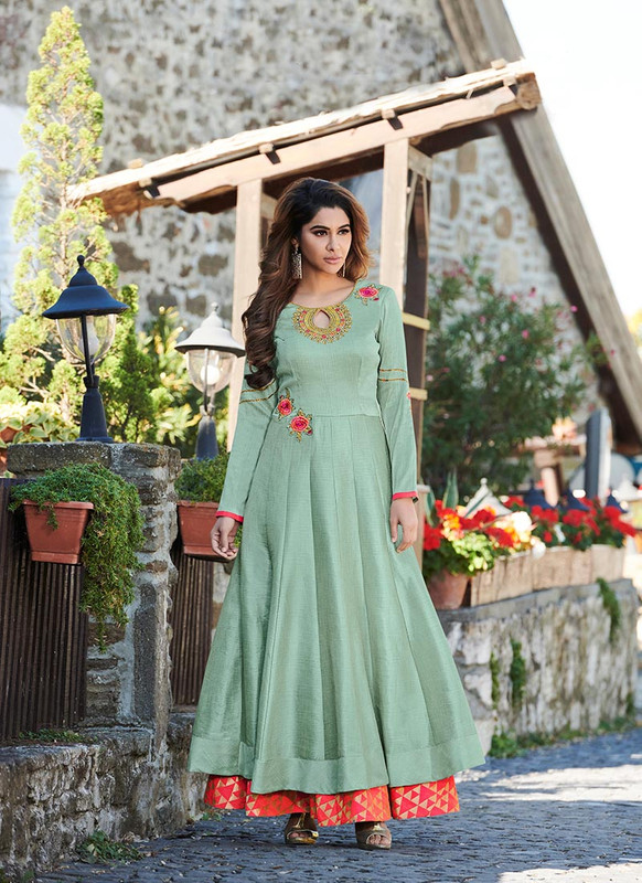Dial N Fashion Sea Green  Designer Party Wear Heavy Embroidred Gown