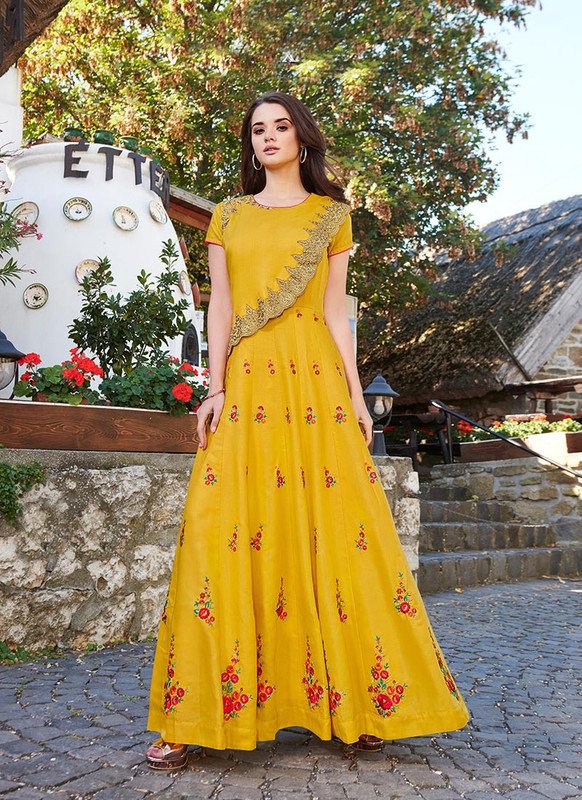 Dial N Fashion Yellow  Designer Party Wear Heavy Embroidred Gown