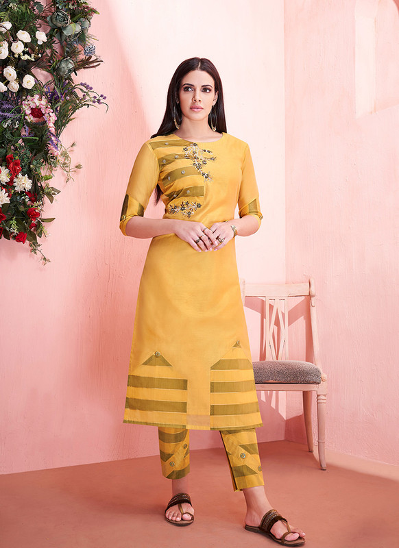 Dial N Fashion Yellow  Readymade Party Wear Kurti With Bottom