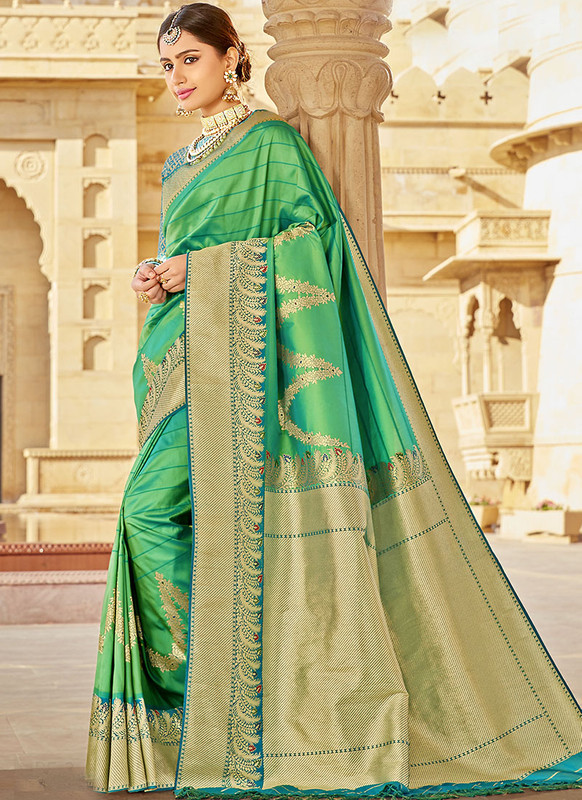 Dial N Fashion Green  Traditional Designer Party Wear Banarasi Silk Saree