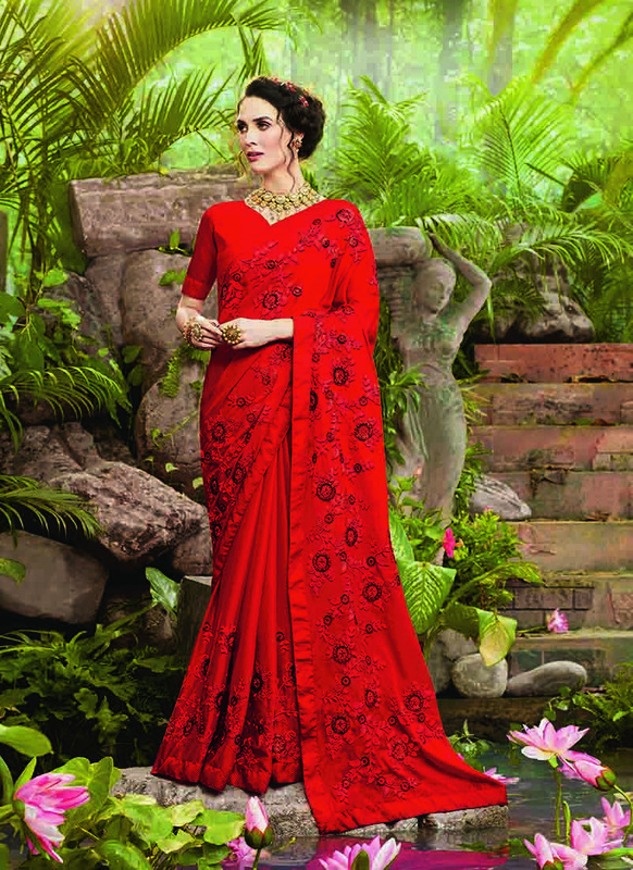 Dial N Fashion Red  Designer Party Wear Silk Saree