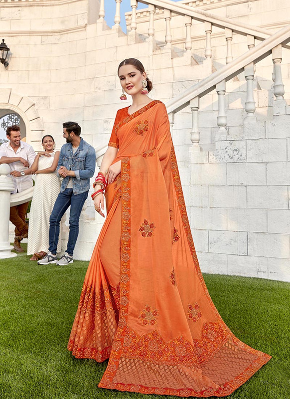 Dial N Fashion Orange  Designer Party Wear Silk Saree