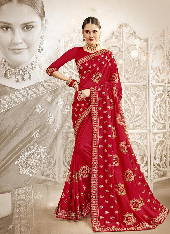Dial N Fashion Red  Embroidred Designer Party Wear Silk Saree