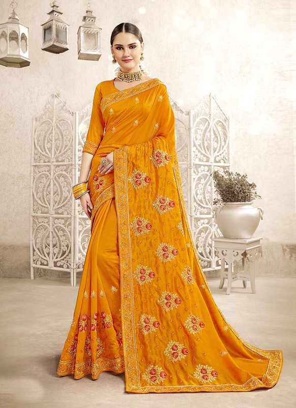 Dial N Fashion Yellow  Embroidred Designer Party Wear Silk Saree