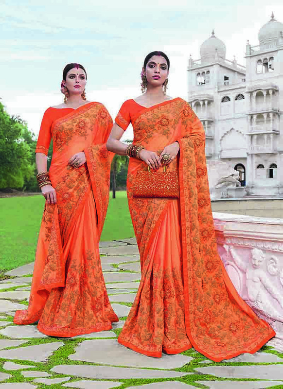 Dial N Fashion Orange  Designer Party Wear Rangoli Silk Saree