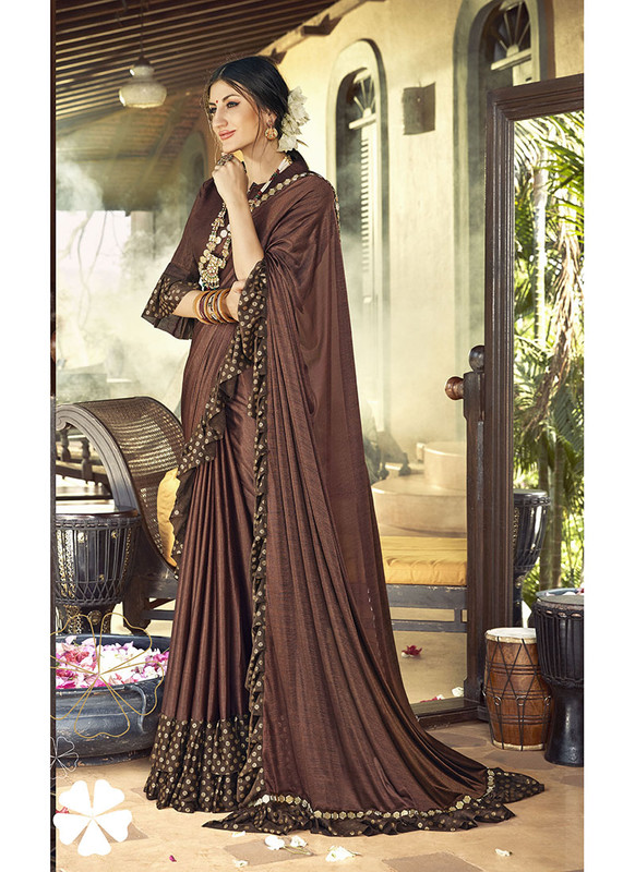 Dial N Fashion Coffee  Designer Fancy Party Wear Imported Lycra Saree