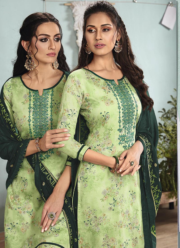 Dial N Fashion Green  Designer Embroidred Satin Cotton Patiyala Suit