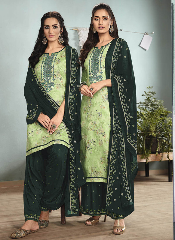 Dial N Fashion Green  Designer Embroidred Satin Cotton Patiyala Suit