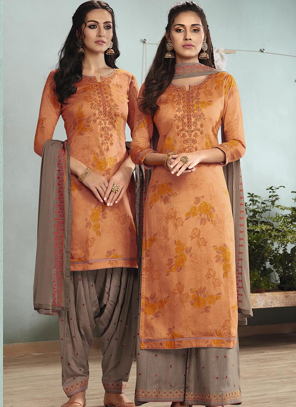 Dial N Fashion Orange  Designer Embroidred Satin Cotton Patiyala Suit
