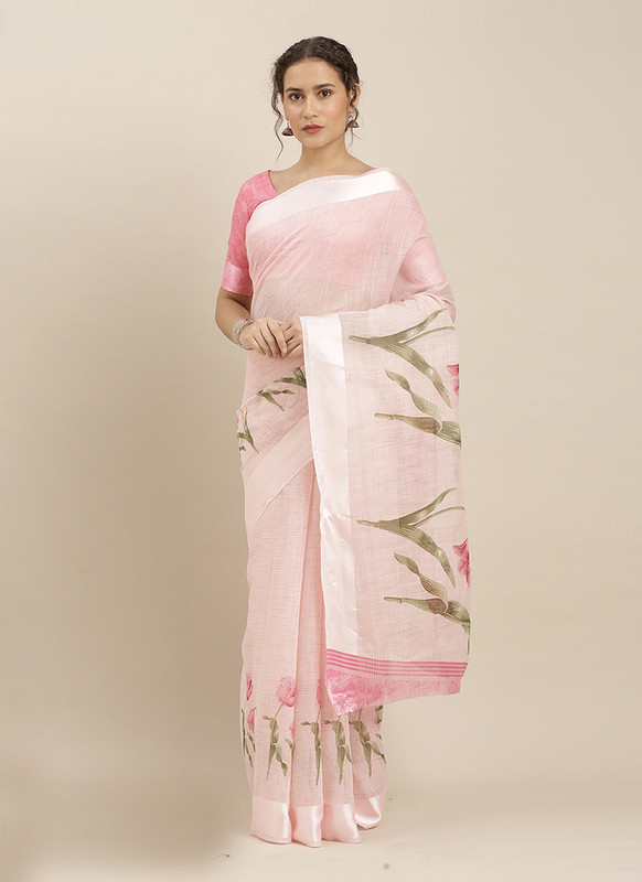 Dial N Fashion Pink  Designer Party Wear Cotton Linen Saree