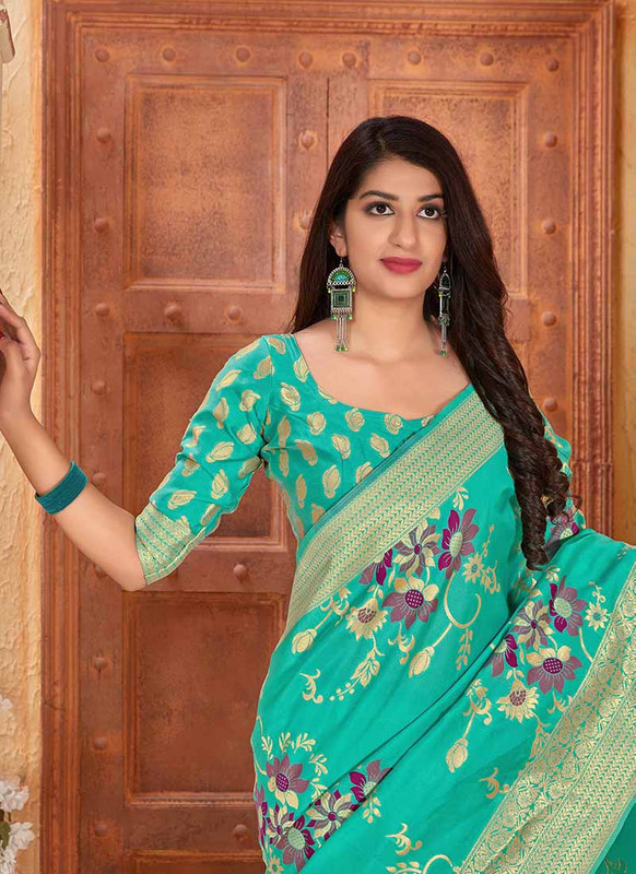 Dial N Fashion Aqua Green  Designer Traditional Wear Banarasi Soft Silk Saree