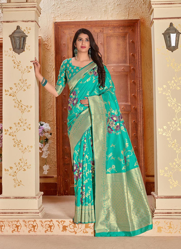 Dial N Fashion Aqua Green  Designer Traditional Wear Banarasi Soft Silk Saree