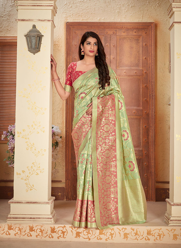 Dial N Fashion Light Green  Designer Traditional Wear Banarasi Soft Silk Saree