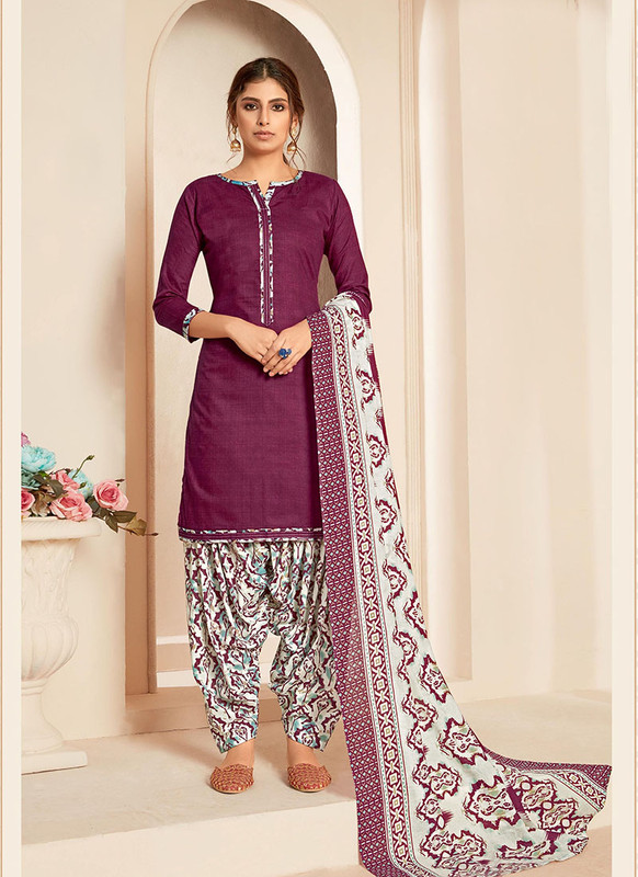 Dial N Fashion Purple  Latest Designer Superior Cotton Printed Patiyala Suit